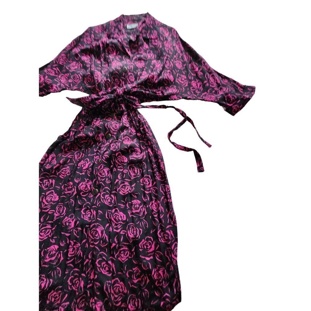 Vintage Rose Print Black and Pink Vintage Nu Mode Dress 60s Pinup Full Buttons